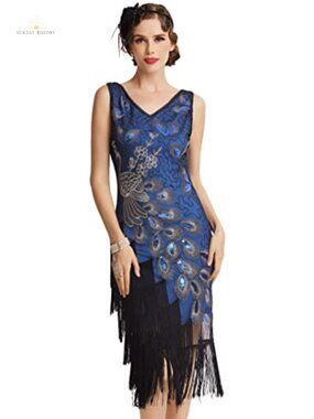 1920s Sequin Peacock Dress Gatsby Flapper Bodycon Midi